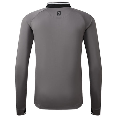 A long-sleeved gray golf shirt is displayed from the back showcasing a black collar with white stripes and a logo on the neckline suggesting a sporty design suitable for golfing activities.