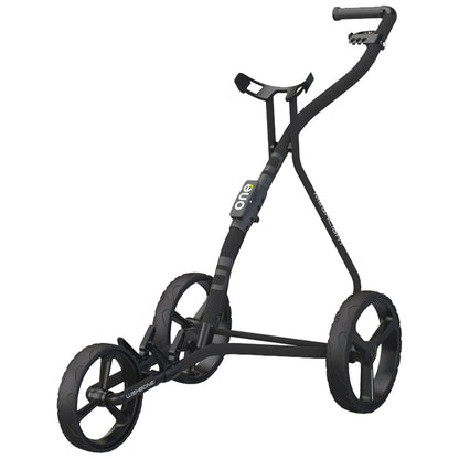 A golf push cart features a lightweight frame three wheels and a handle for steering positioned well above the ground designed for transporting golf bags on the course