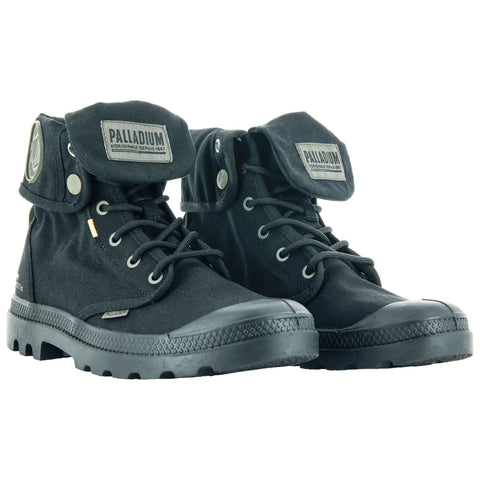 Black canvas ankle boots feature a high-top design with laces and a foldable collar displaying a logo they are positioned side by side against a plain background.