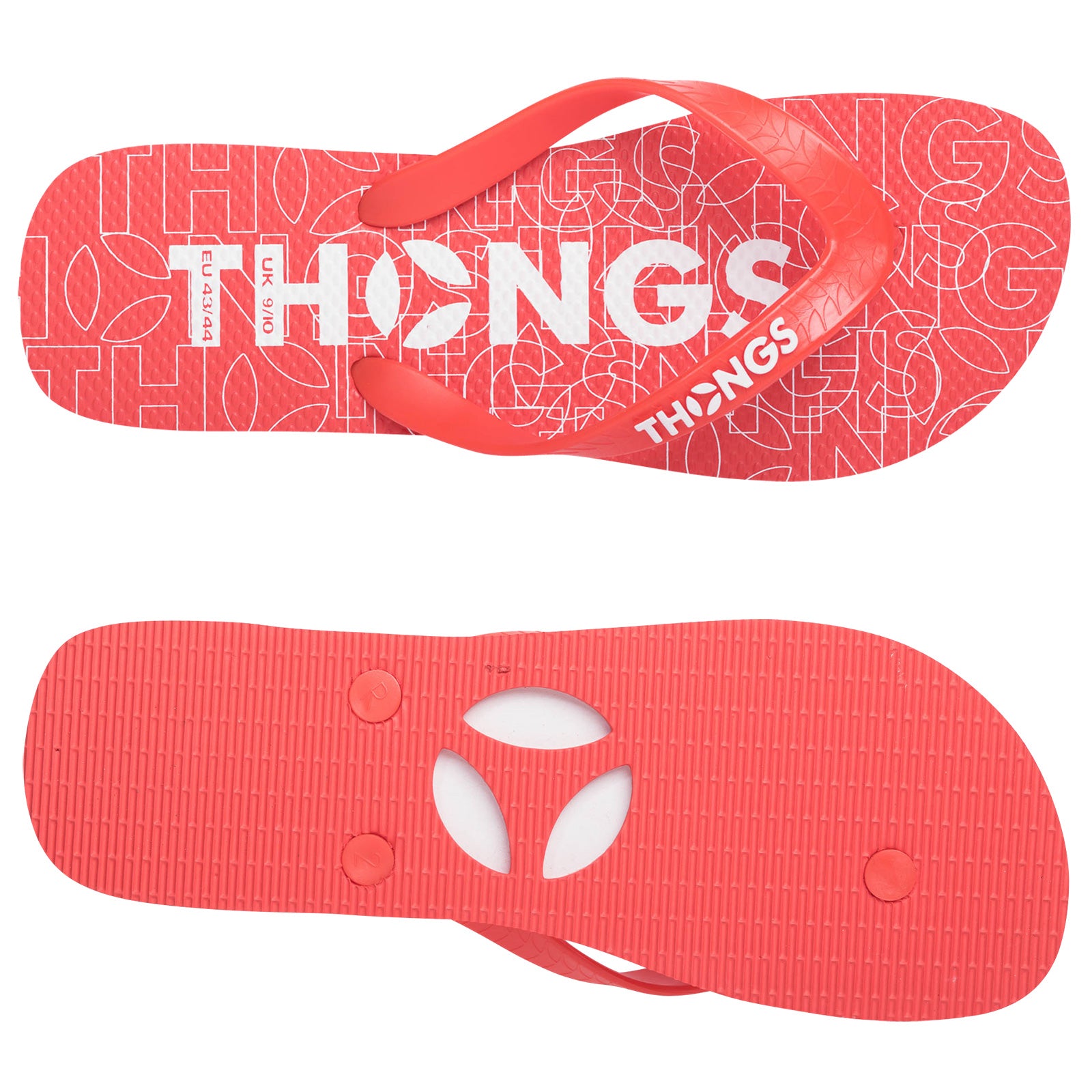 Red flip-flops feature a patterned footbed with the word "THONGS" prominently displayed. The straps are also red and the soles are textured for grip.