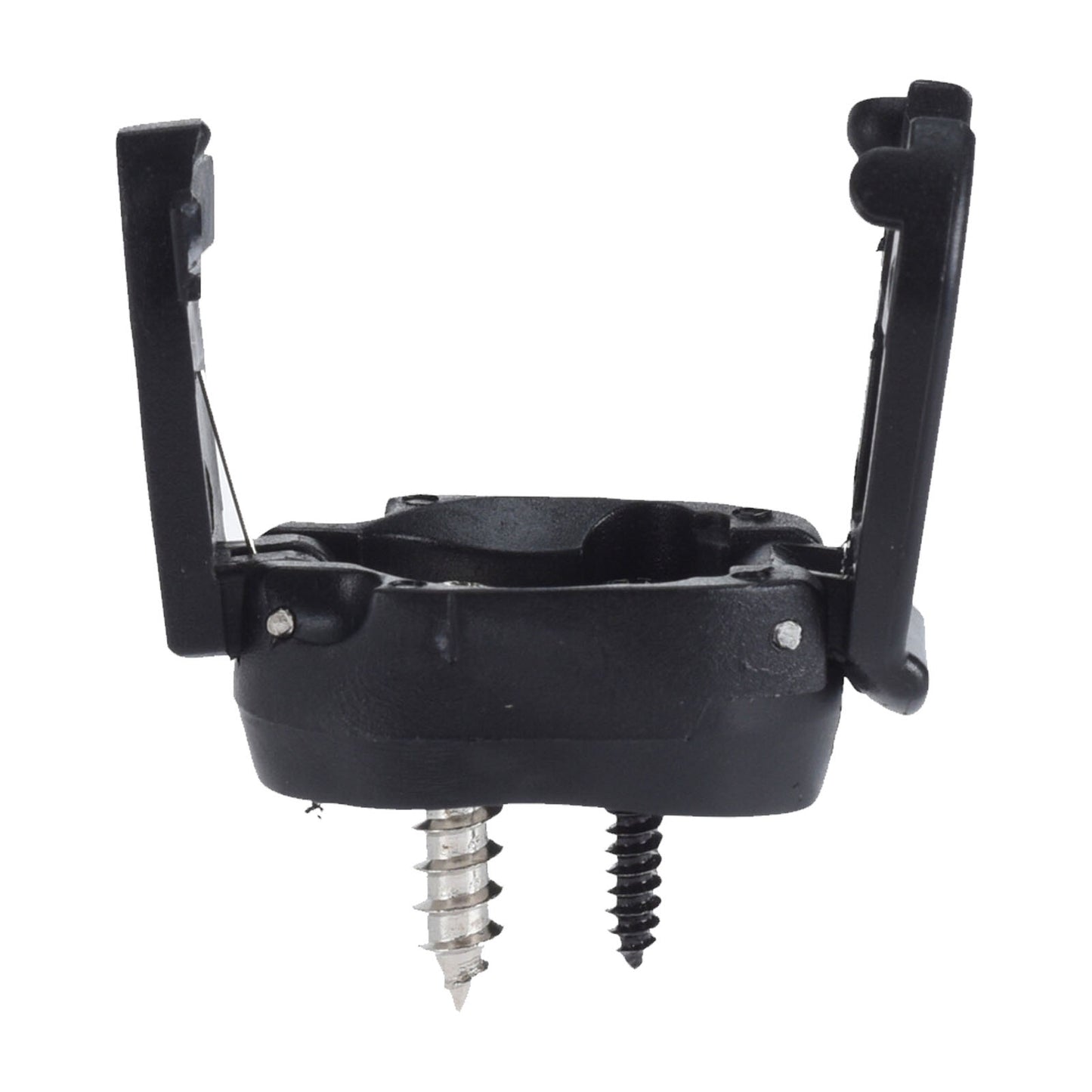 A black plastic anchor holds a metal screw and a pointed screw while positioned upright with one side open in a neutral background suitable for installation in various surfaces.