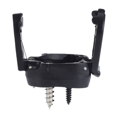 A black plastic anchor holds a metal screw and a pointed screw while positioned upright with one side open in a neutral background suitable for installation in various surfaces.
