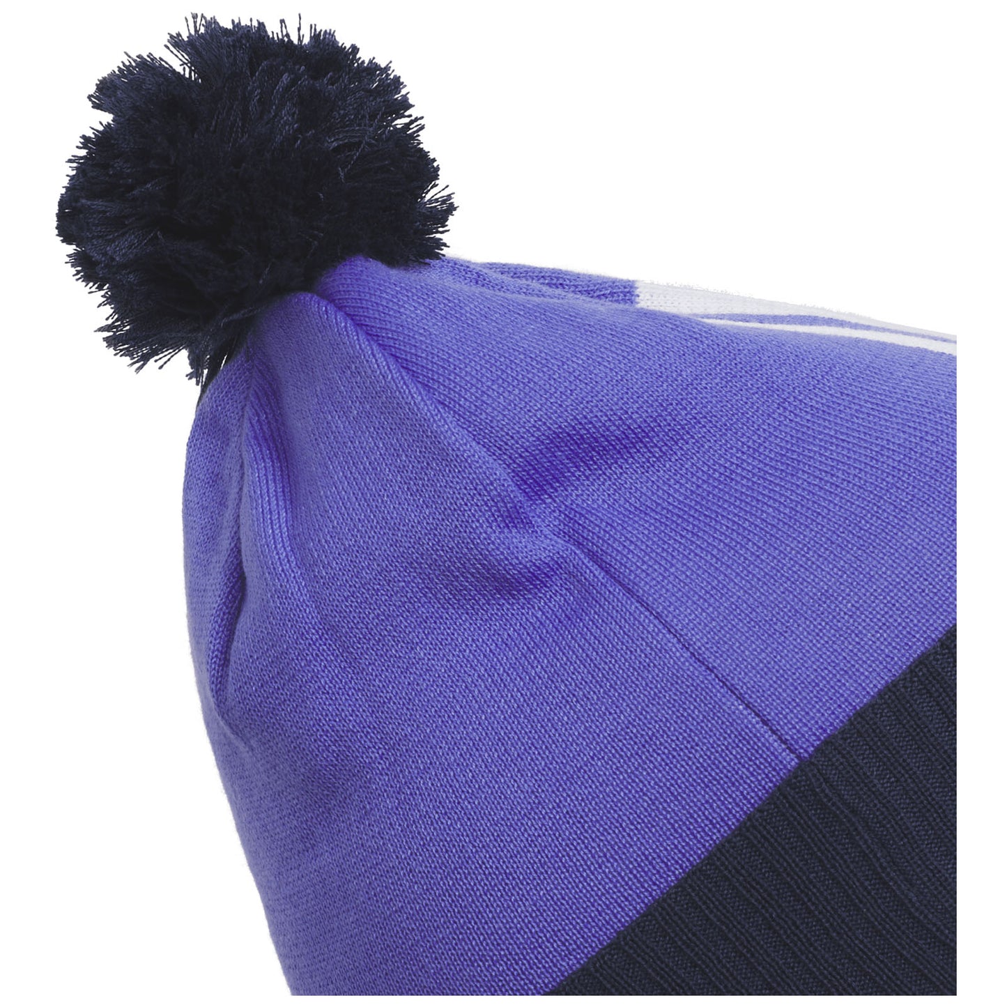 A purple knitted beanie with a black pom-pom on top is positioned sideways against a plain background suggesting a winter accessory designed for warmth and style.