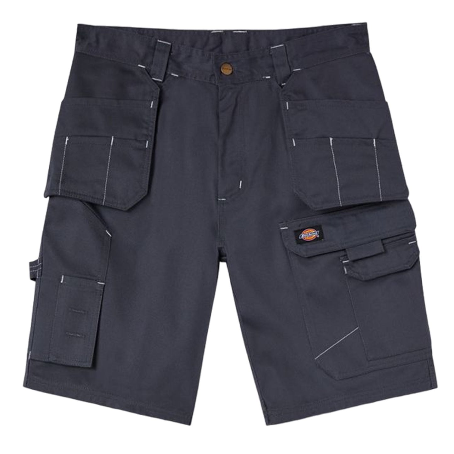Dark gray cargo shorts with multiple pockets are displayed flat on a white background highlighting their practical design suitable for outdoor activities and work environments.