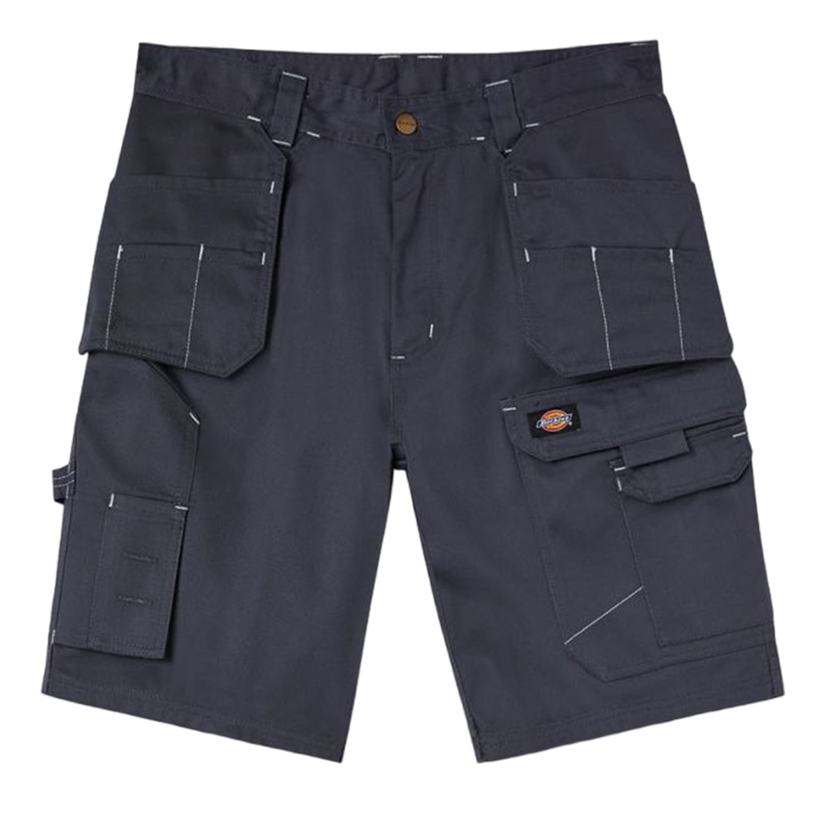 Dark gray cargo shorts with multiple pockets are displayed flat on a white background highlighting their practical design suitable for outdoor activities and work environments.