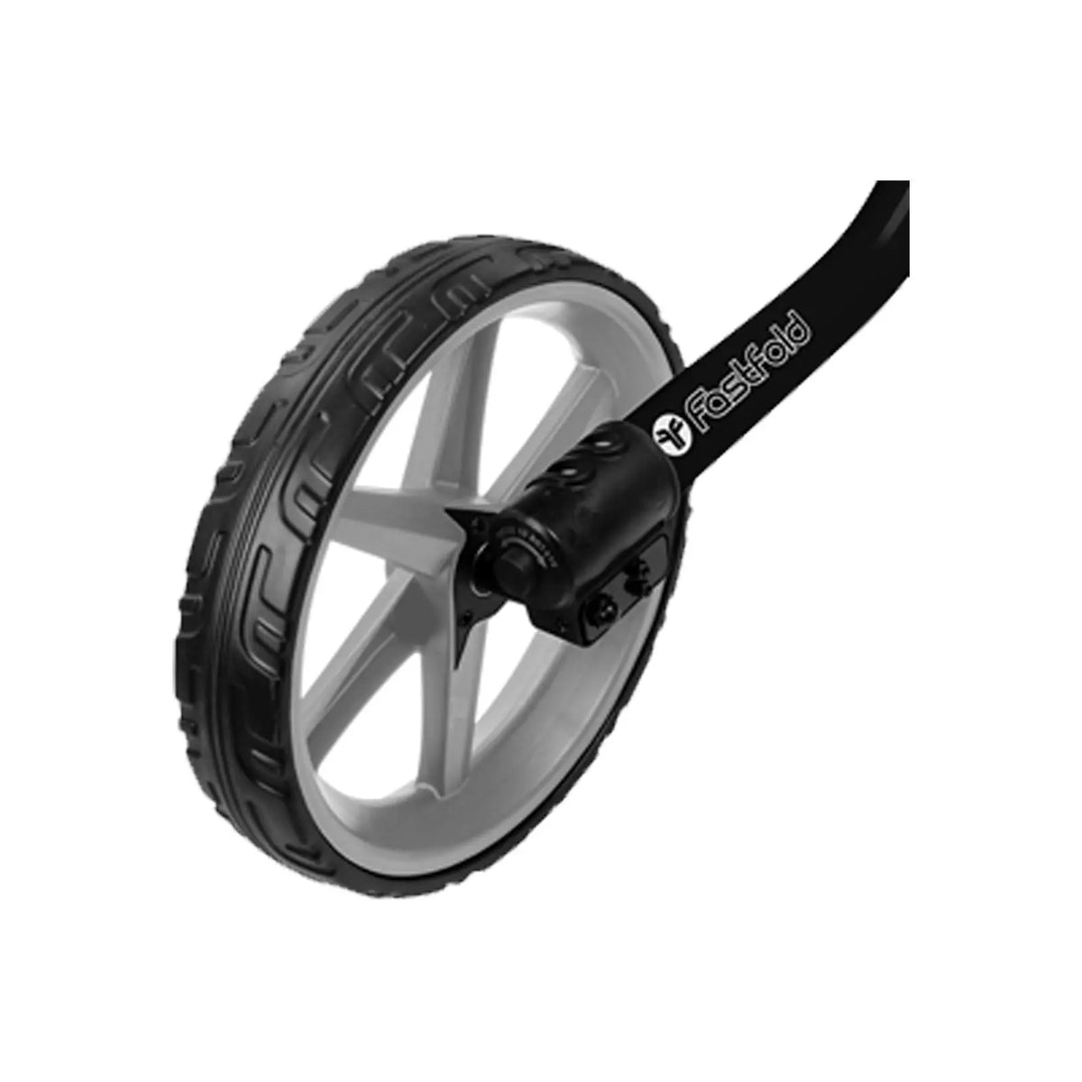 A single large wheel with a black rubber tire and a gray rim is positioned against a plain background showcasing its sturdy construction and sleek design.
