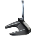A golf putter is positioned upright with a flat black base featuring white alignment lines and a shiny chrome shaft extending upwards in a neutral background.