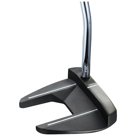 A golf putter is positioned upright with a flat black base featuring white alignment lines and a shiny chrome shaft extending upwards in a neutral background.