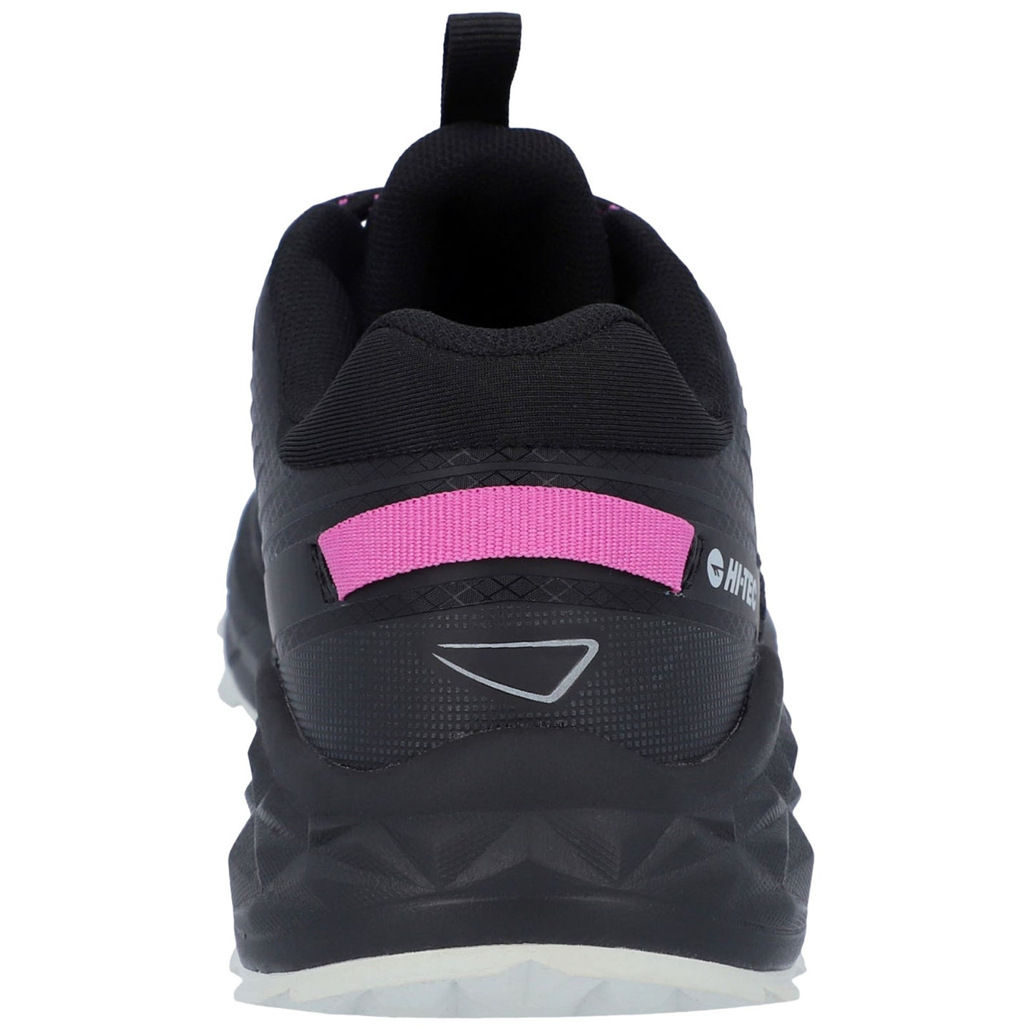 A black athletic shoe with a pink accent is positioned upright showing the heel and back. The shoe features a textured pattern and a pull tab at the top for easy wear.