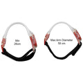 Two adjustable straps are displayed side by side with labels indicating minimum diameter of 26 cm and maximum arm diameter of 58 cm suggesting their use for securing items on varying arm sizes