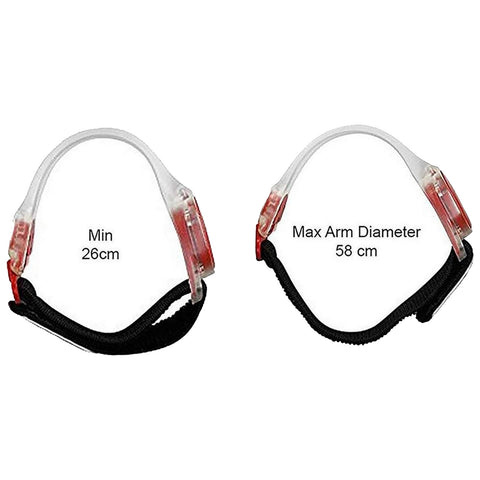 Two adjustable straps are displayed side by side with labels indicating minimum diameter of 26 cm and maximum arm diameter of 58 cm suggesting their use for securing items on varying arm sizes