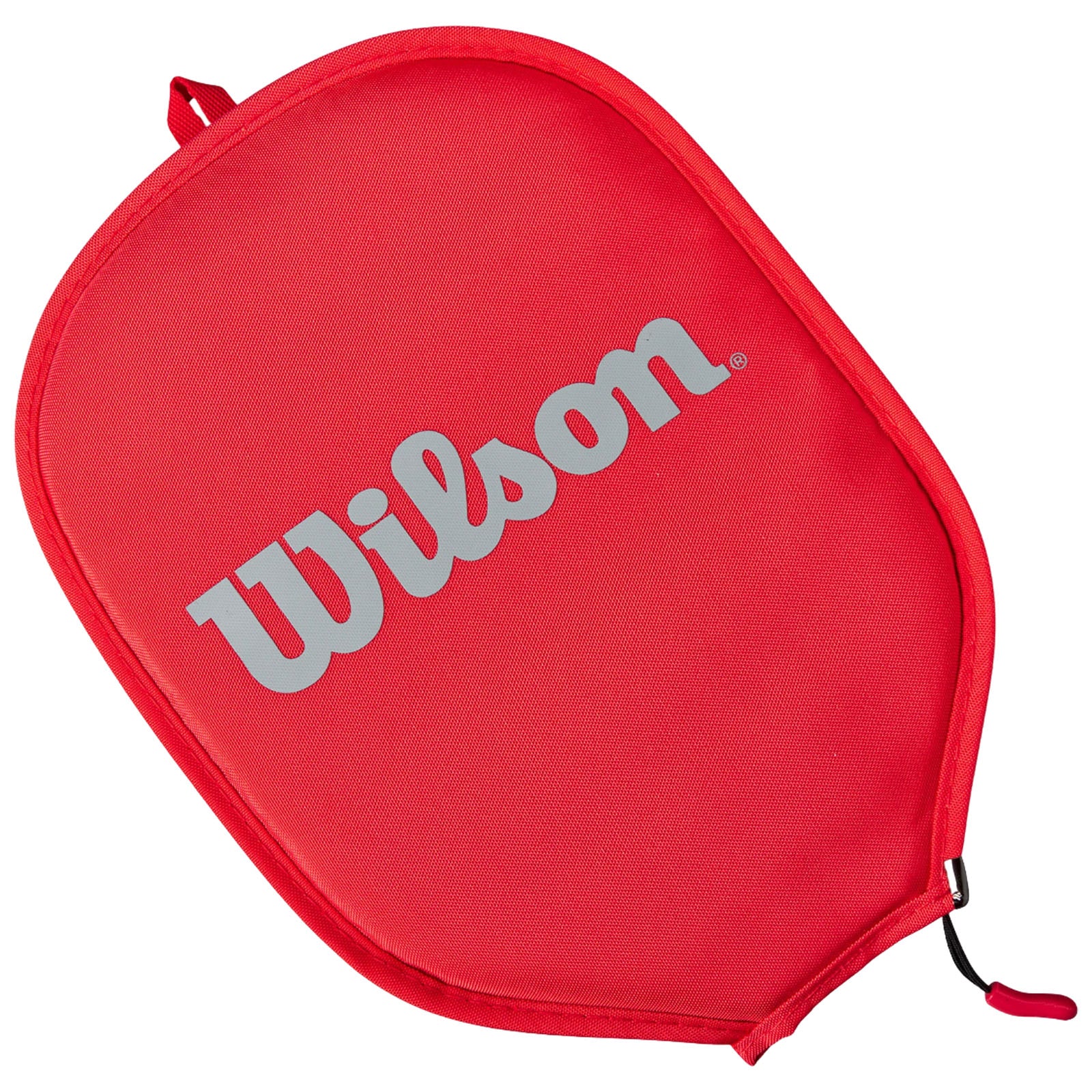 A red sports racquet cover sits upright displaying the Wilson logo prominently in silver against the red surface indicating it's designed to protect and carry sports equipment.