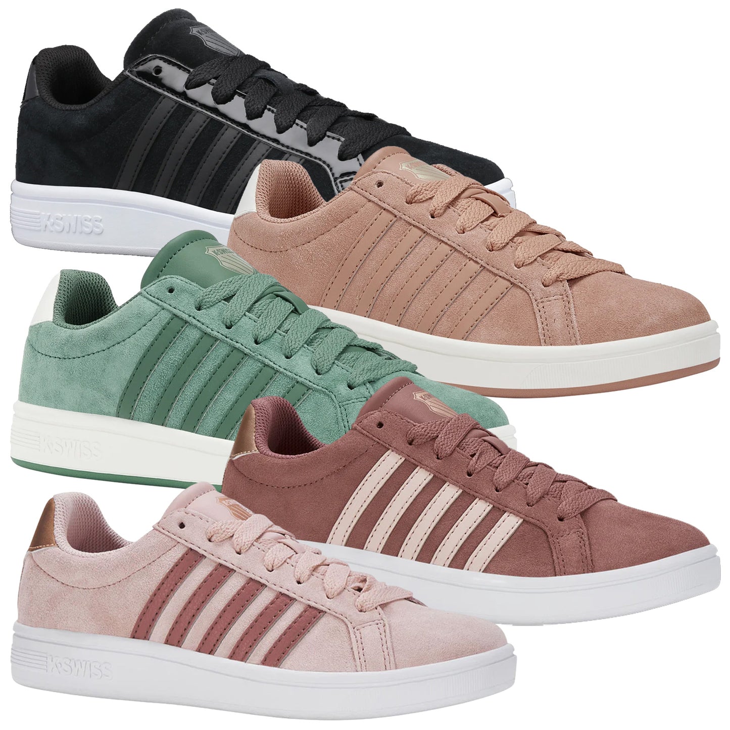 Five pairs of stylish athletic shoes in various colors including black green and pink are arranged visually with the shoes displayed prominently against a plain background