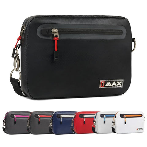 Big Max Waterproof Aqua Valuables Bag A black shoulder bag with a front zipper pocket is displayed. Multiple color variations are shown beneath it, highlighting a sleek design suitable for carrying essentials in various settings.