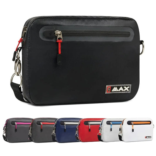 Big Max Waterproof Aqua Valuables Bag A black shoulder bag with a front zipper pocket is displayed. Multiple color variations are shown beneath it, highlighting a sleek design suitable for carrying essentials in various settings.