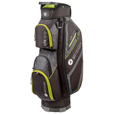 A black and gray golf bag with neon green accents stands upright showcasing multiple pockets for storage and a sturdy base designed for stability on the golf course.