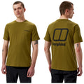 A man in a short-sleeved olive green t-shirt stands facing forward and sideways showcasing the t-shirt’s texture and the black logo on the back in a plain background.