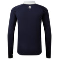 A long-sleeved navy polo shirt is displayed hanging vertically revealing a white collar and the logo FJ in white on the back near the neckline