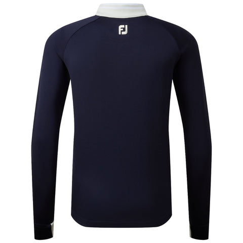 A long-sleeved navy polo shirt is displayed hanging vertically revealing a white collar and the logo FJ in white on the back near the neckline