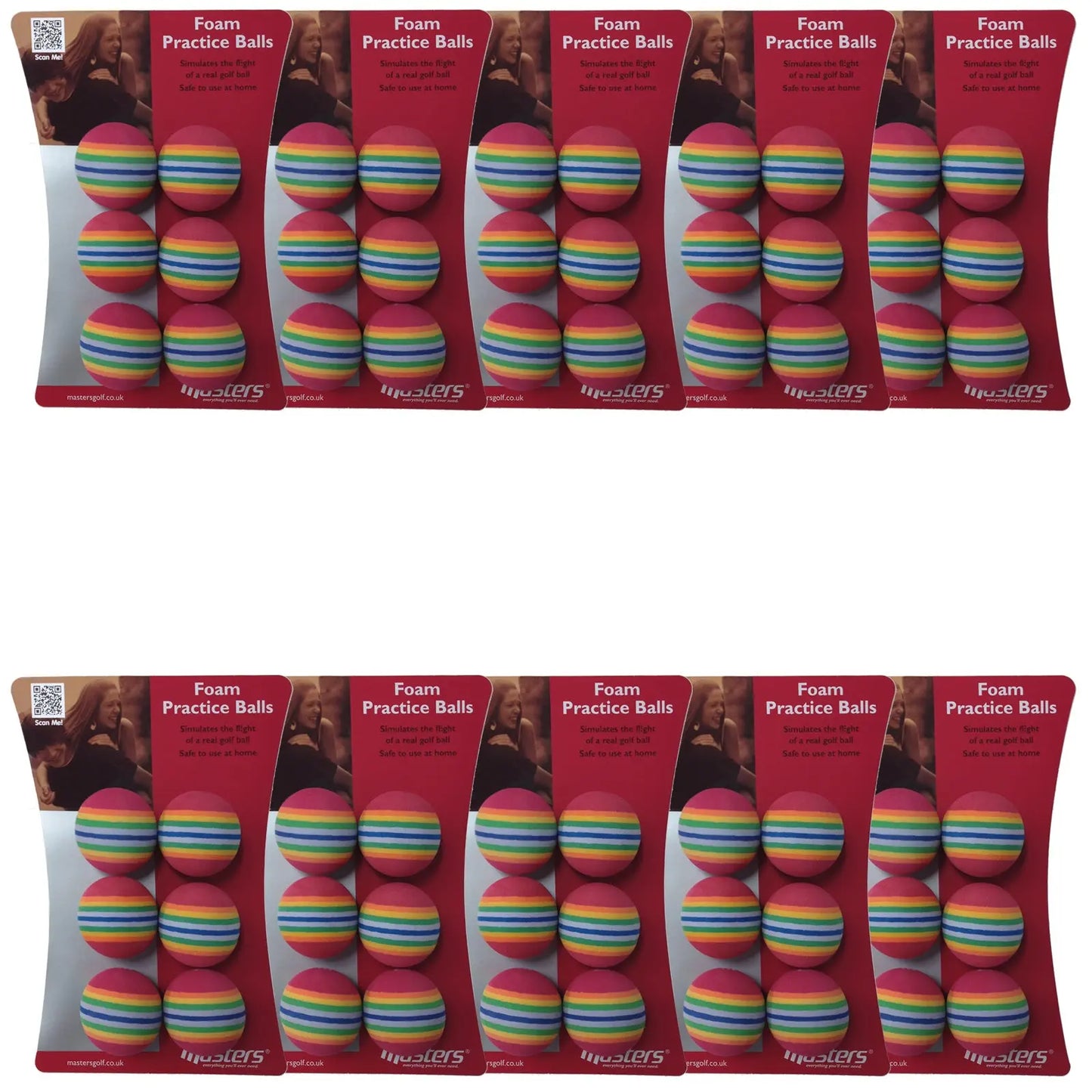 Foam practice balls are arranged on packaging displaying vibrant colors for indoor golfing practice. The context suggests use for simulating the flight of a golf ball safely at home.