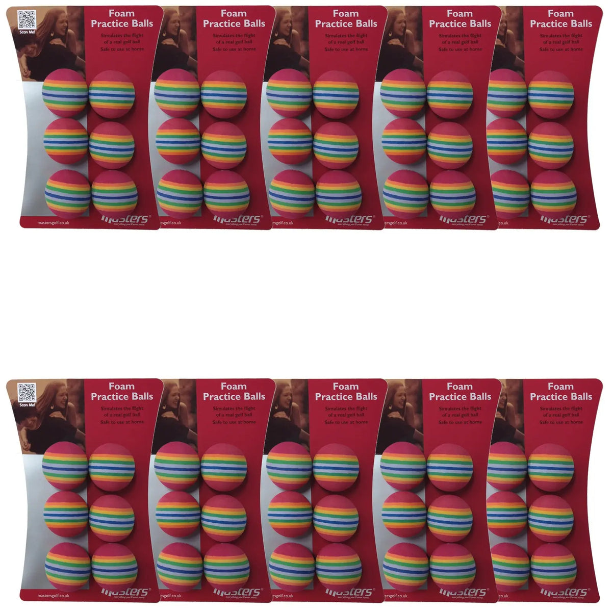 Foam practice balls are arranged on packaging displaying vibrant colors for indoor golfing practice. The context suggests use for simulating the flight of a golf ball safely at home.