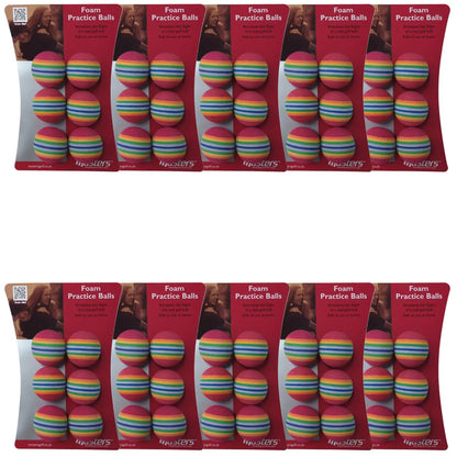 Foam practice balls are arranged on packaging displaying vibrant colors for indoor golfing practice. The context suggests use for simulating the flight of a golf ball safely at home.