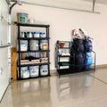 A shelving unit holds various paint cans and supplies on the left while a metal rack displays golf clubs and shoes on the right against a clean garage floor.