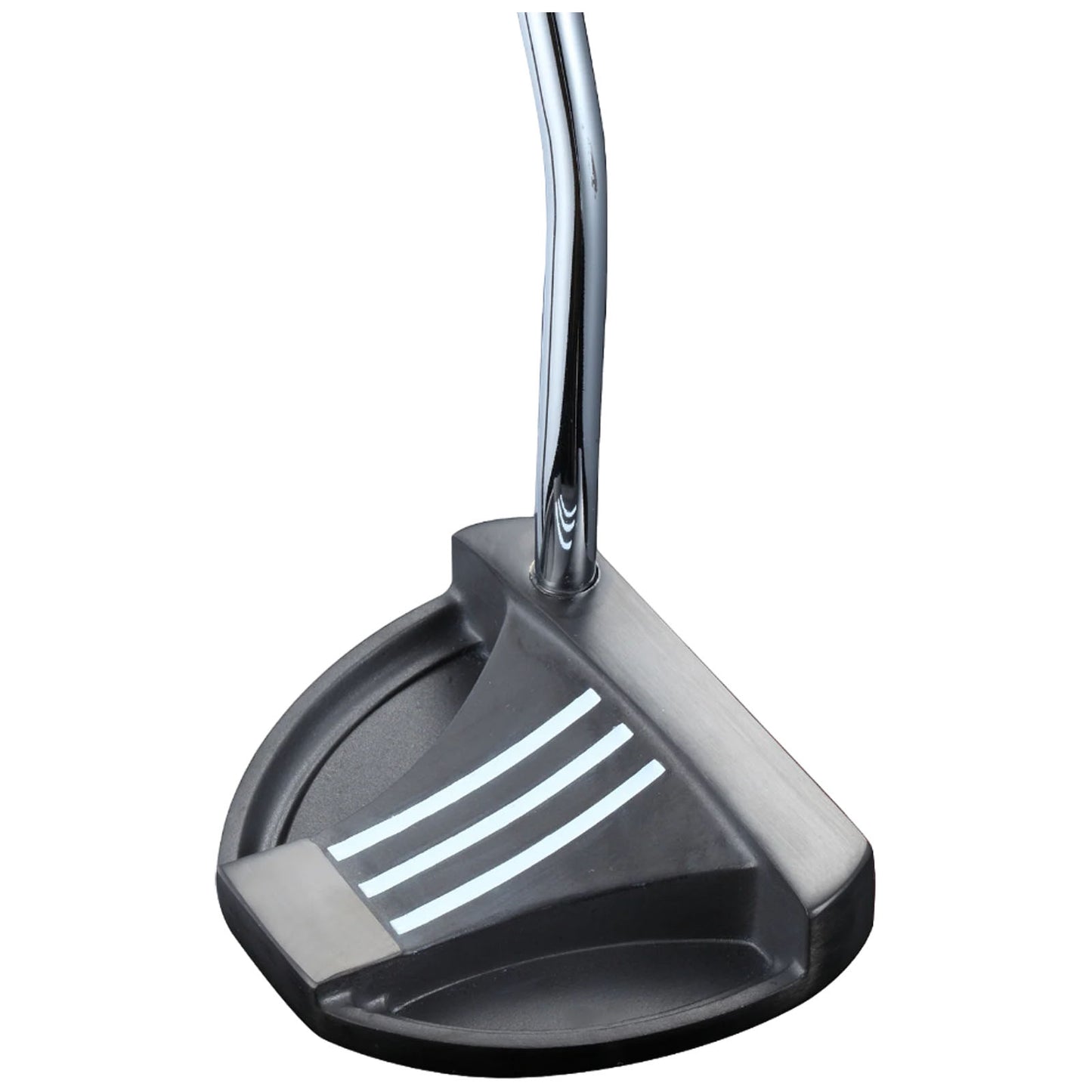 A golf putter features a flat head with three white alignment lines and a polished chrome shaft designed for precise short-distance shots often used on a green course.
