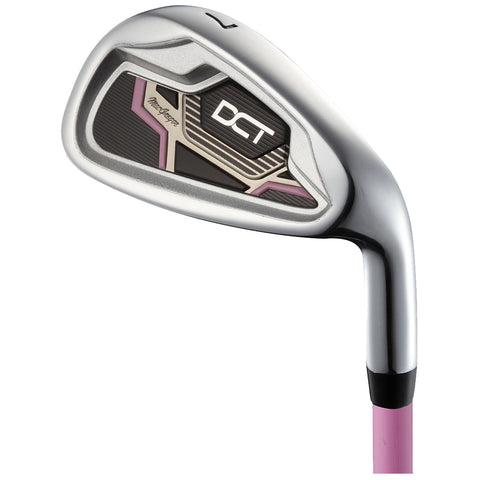 A golf club head is displayed at an angle showcasing a sleek silver design with a pink accent and a textured pattern on its face labeled DCI indicating its model within a neutral background.