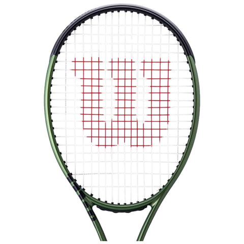 A tennis racket with a green frame features a red "Wilson" logo in the strings, positioned against a white background, emphasizing its brand identity and design.