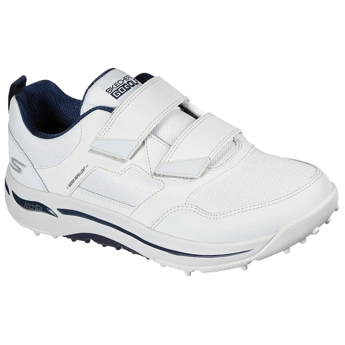 A white athletic shoe with a mesh fabric upper and Velcro straps rests on a flat surface. The shoe features a textured sole suitable for traction and support.