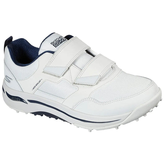 A white athletic shoe with a mesh fabric upper and Velcro straps rests on a flat surface. The shoe features a textured sole suitable for traction and support.