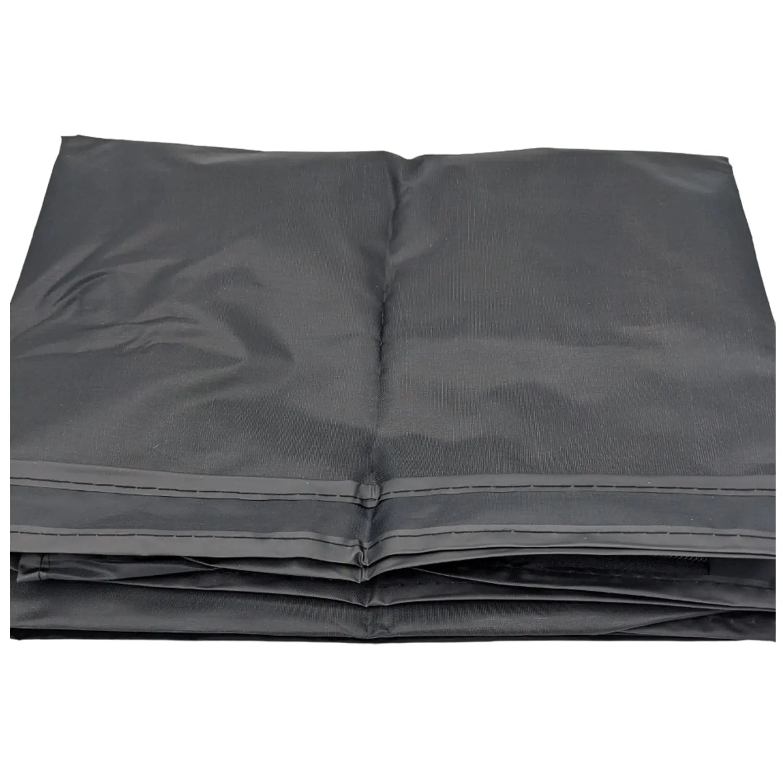 A folded black tarp lies flat on a surface showcasing a smooth texture with visible seams highlighting its utility for outdoor protection or covering purposes.