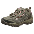 A green hiking shoe features mesh panels and pink laces designed for outdoor activities providing traction and comfort suitable for rugged terrain.