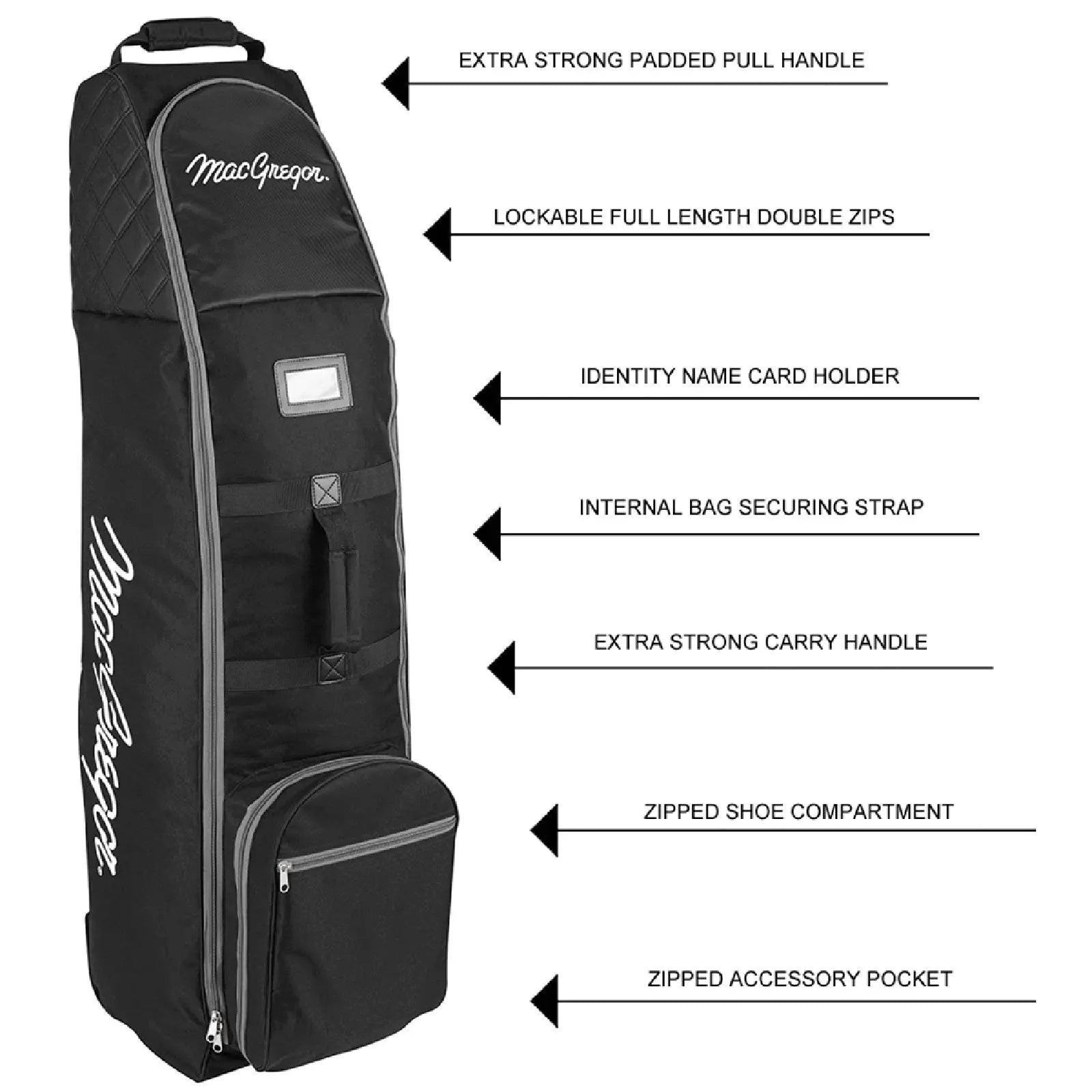 A black golf bag stands upright featuring various compartments and handles including a padded pull handle a zipped shoe compartment and an identity name card holder among other features labeled with arrows