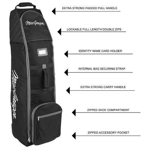 A black golf bag stands upright featuring various compartments and handles including a padded pull handle a zipped shoe compartment and an identity name card holder among other features labeled with arrows