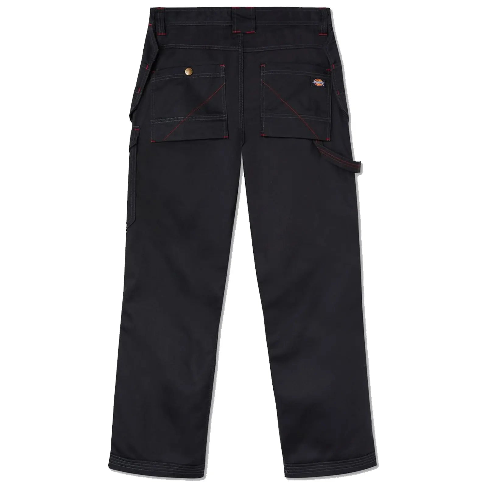 Black work pants are displayed flat showing multiple pockets and red stitching details designed for functionality in various tasks suitable for work environments.
