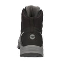 A black hiking boot is positioned upright showcasing a padded collar and smooth exterior while the surrounding environment appears neutral and unobtrusive, highlighting the boot's design and functionality.
