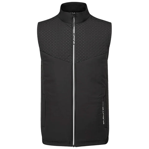 A black sleeveless vest is displayed hanging vertically with a high collar and a front zipper featuring patterned texture on the upper section and smooth fabric below, suitable for casual or outdoor wear.