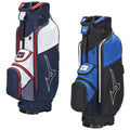Two golf bags stand side by side showcasing a sleek design. One is predominantly navy with white and red accents while the other is black with blue. Each features multiple compartments for storage.