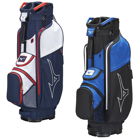 Two golf bags stand side by side showcasing a sleek design. One is predominantly navy with white and red accents while the other is black with blue. Each features multiple compartments for storage.