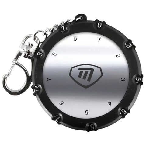 A round score counter is displayed in its packaging with a keychain attachment showing the numbers one to ten around its face in a golf context.
