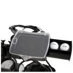A golf bag features a transparent compartment on top holding small items while a side compartment displays two golf balls with branding visible in a storage area designed for easy access.