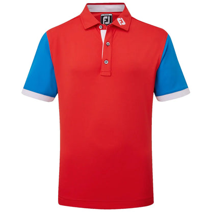 A red polo shirt with blue short sleeves features a white collar and a logo on the left side. It is designed for casual or athletic wear.