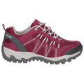A pair of pink hiking shoes is displayed standing on a flat surface featuring a durable rubber sole mesh upper and reflective accents designed for outdoor activities and comfort.