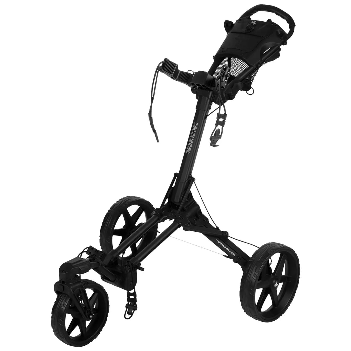 A black golf push cart stands upright with three large wheels and a handle, designed for transporting golf bags on the course, featuring adjustable straps and a sturdy frame.