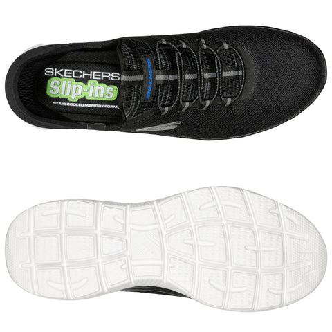 A black athletic shoe with a textured upper and elastic laces rests on a white background showcasing its sole featuring a grid pattern for traction and the brand name Skechers on the insole.