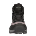 A black and gray hiking boot stands upright showcasing its sturdy design and laces. The background is plain, emphasizing the boot's features and materials.