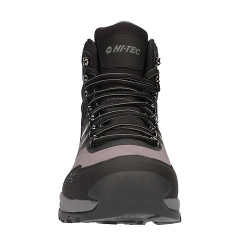 A black and gray hiking boot stands upright showcasing its sturdy design and laces. The background is plain, emphasizing the boot's features and materials.