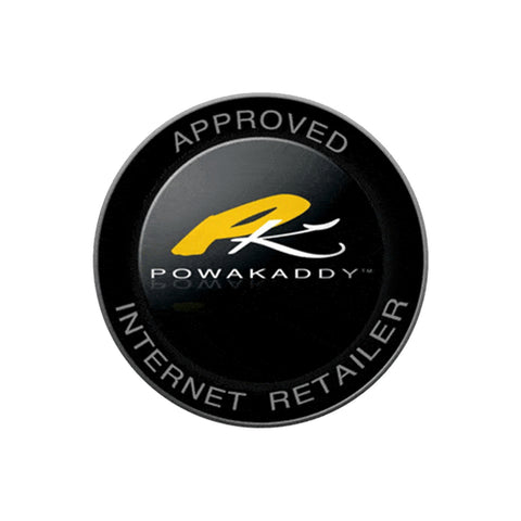 A round badge displays the logo of Powakaddy with the text "APPROVED INTERNET RETAILER" encircling it indicating official endorsement for online sales in a simple black and yellow design.